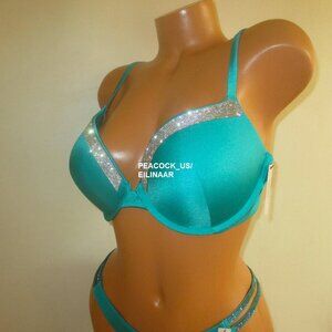36DDD VICTORIA SECRET SWIM Shine Strap Push Up Bikini Top Bling Rhinestones Teal